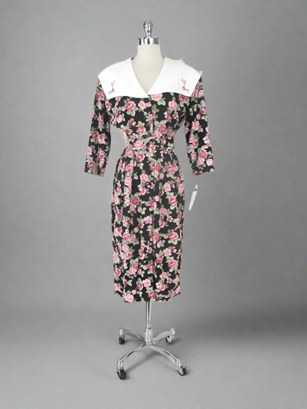 Vintage 80s Embroidered Pink Roses Party Dress NWT S